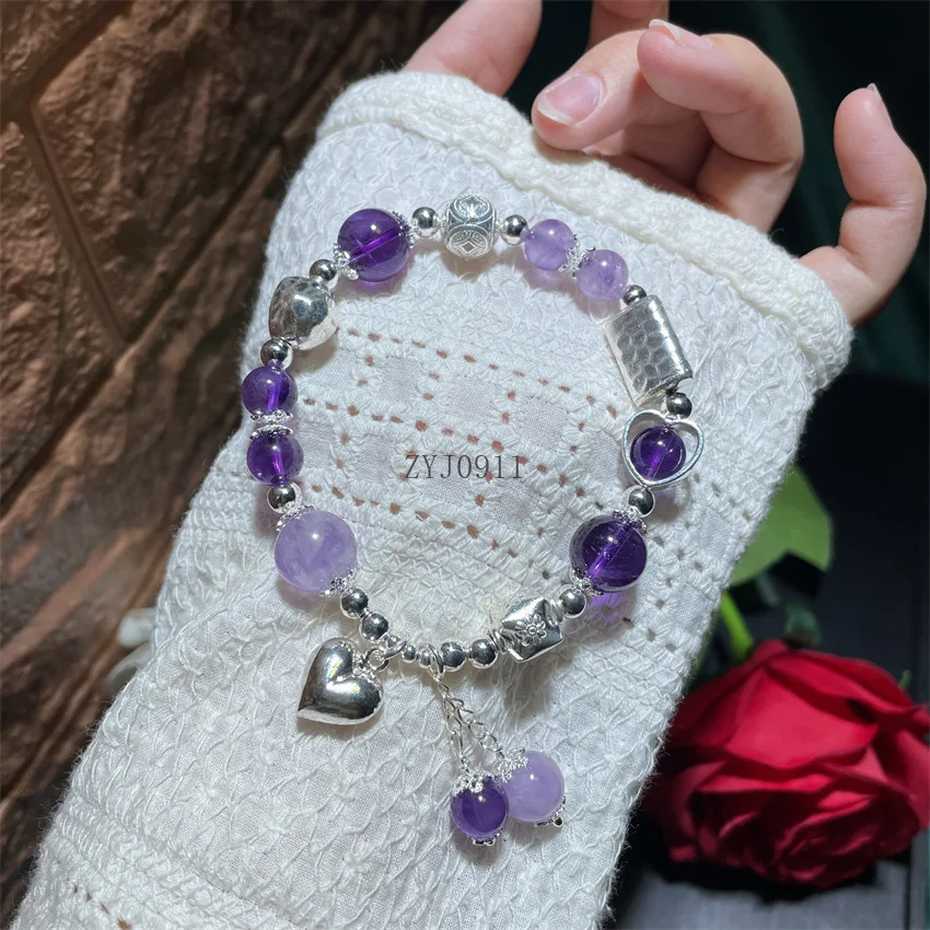 민족 구슬 925 스털링 실버 여성 팔찌 쥬얼리 레트로 자수정 술 심장 매력 팔찌 새해 선물