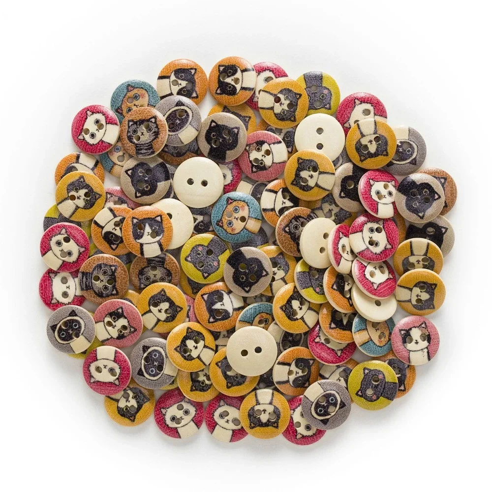 100 قطعة 15 مللي متر الجولة 2 حفرة مختلطة القط الخشب أزرار ديكور المنزل الملابس الخياطة سكرابوكينغ