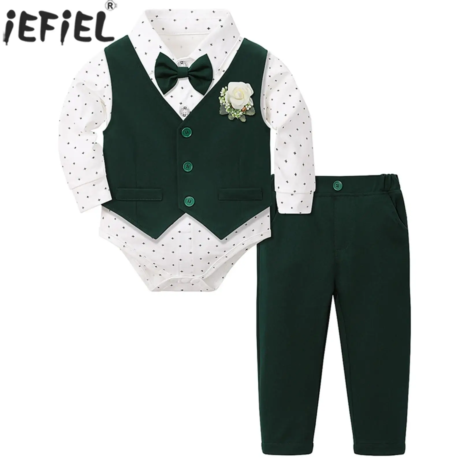 

Комбинезон джентльмена с длинными рукавами и галстуком-бабочкой для маленьких мальчиков, жилет, брюки, брошь, костюм для свадебной фотографии, дня рождения