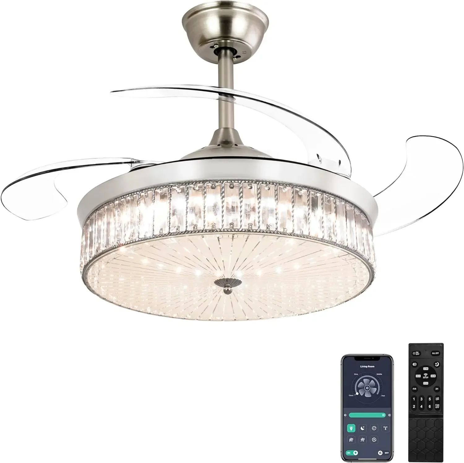 42 inch retractable ceiling fan with lighting and remote control, crystal ceiling light ceiling fan suitable for living room