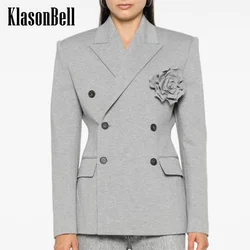 8.29 KlasonBell Women Chic Temperament Flower Decoration Collect Waist Blazer Shoulder Pads Double Breasted Jacket Coat