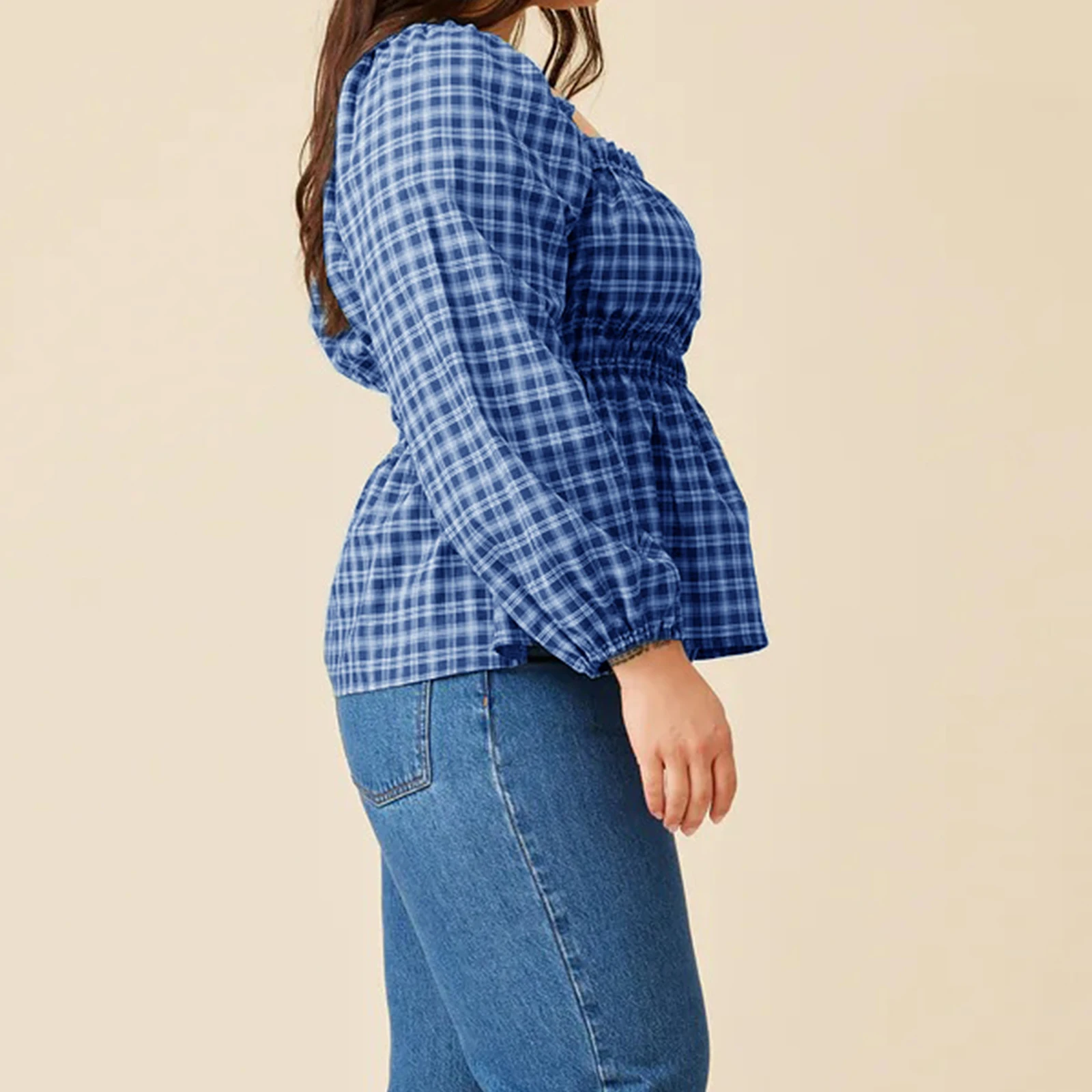 2025 Camisa con estampado a cuadros para mujer, camisetas de manga larga con cuello cuadrado de talla grande, ropa de calle, camisetas holgadas de gran tamaño para verano