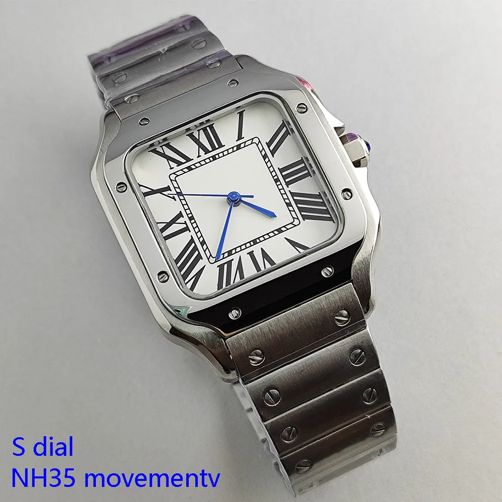Orologio NH35 con cassa quadrata, orologio da uomo con fibbia pieghevole, quadrante romano S, orologio meccanico in acciaio inossidabile, adatto al movimento NH35