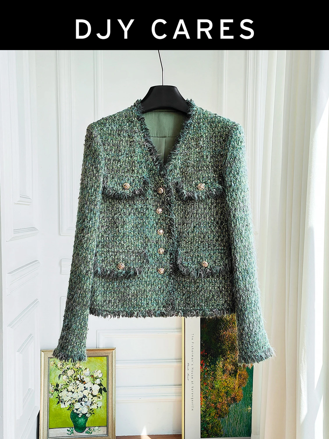 

New Rough woven green long sleeved tassel jacket big size
