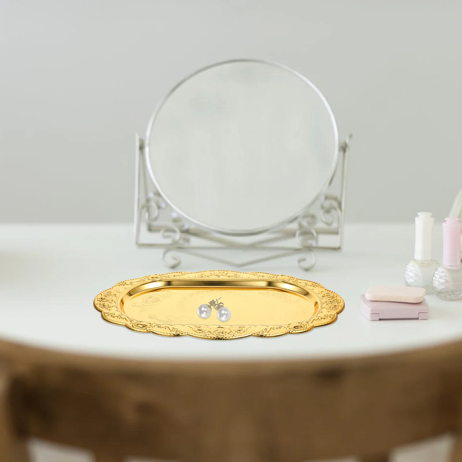 

Golden Jewelry Storage Tray Metal Vanity Organizer For Rings Earrings Perfume Decorative Tray Desktop Bedroom Use