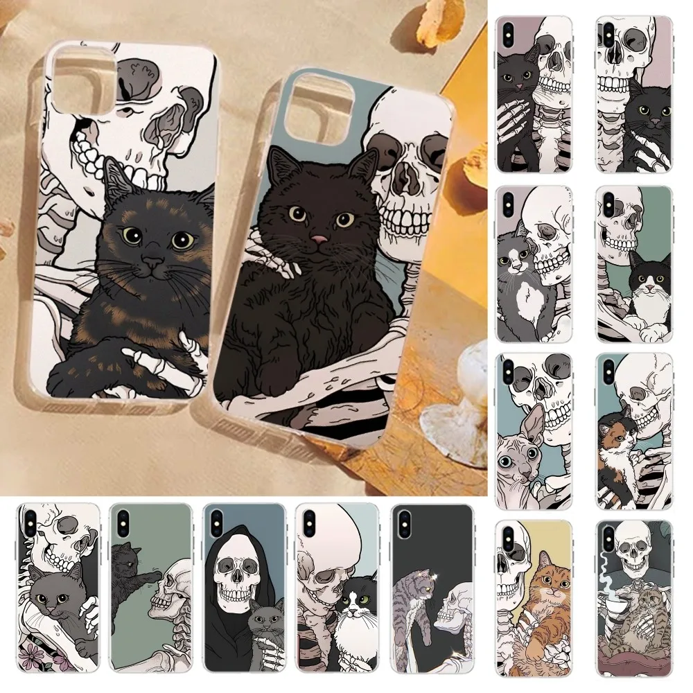 Cute Cartoon Skull Cat Phone Case for iPhone 15 8 7 6 6S Plus X SE 2020 XR XS 14 11 12 13 Mini Pro Max Mobile Case