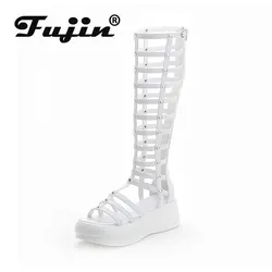 Fujin 2024 Roman Sandals Women Shoes Platform Mid Calf Summer Boots Womens Platform Heels 6cm Thick Heel Sandals Zip