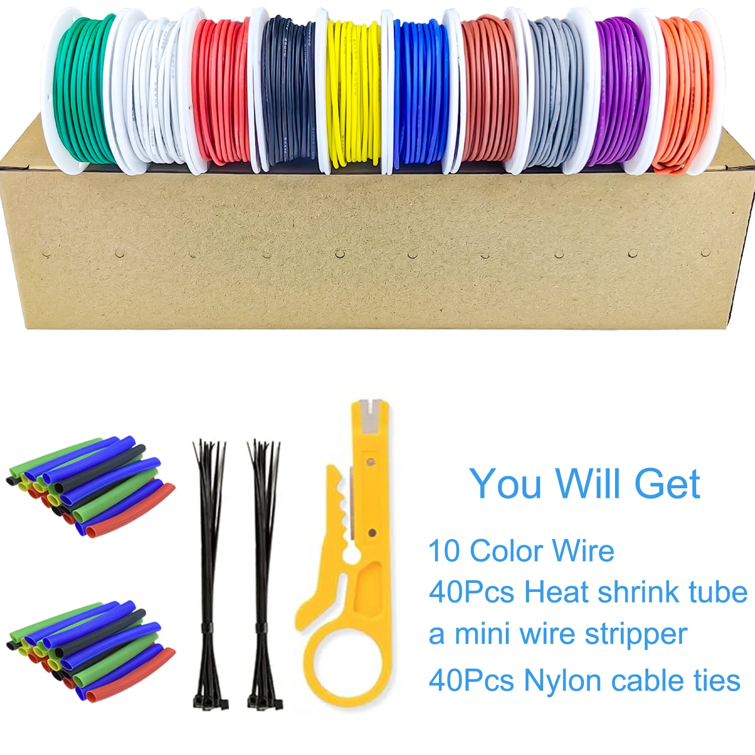 10 Colors in One Silicone Stranded Tinned Copper Electrical Wire 16-18-20-22-24-26-28-30 AWG Hookup Wire Cable Kit with Tools