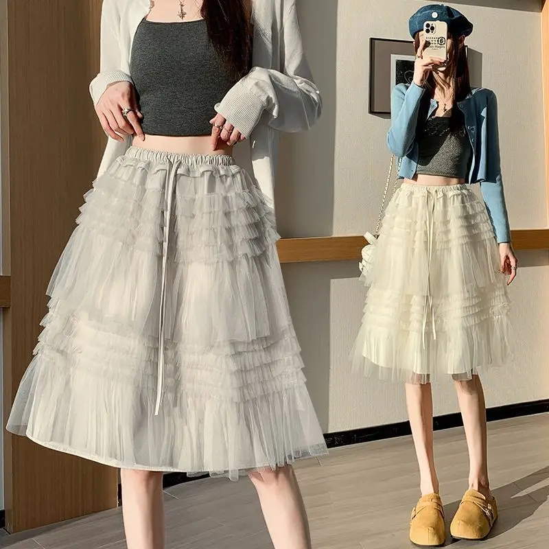 Sweet Lace Mesh Half Skirt Women's Style Spring New Gentle Versatile A-Line Fluffy Cake Skirt High Waist Polyester Fabric