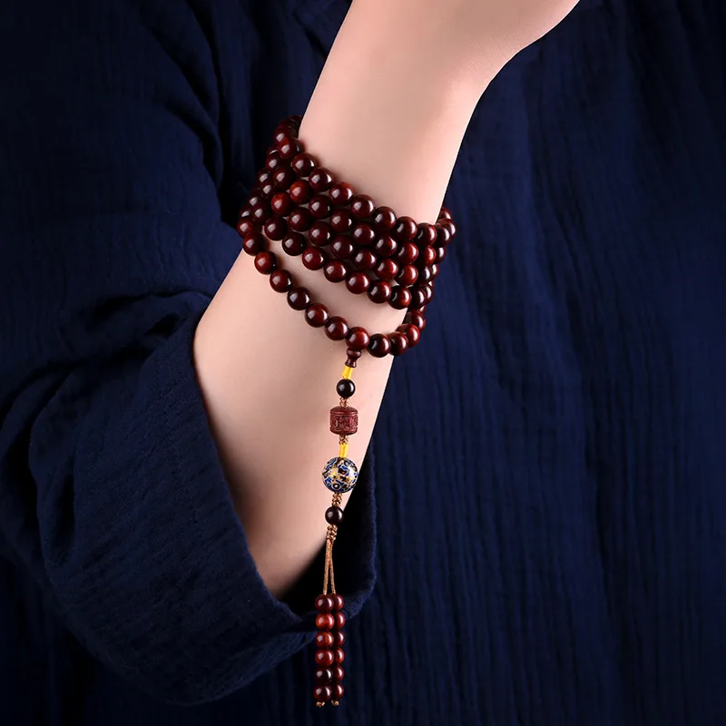 Chinese Style  Small Leaf Red Sandalwood 108 Buddhist Beads Hand String Lacquer Wood Bracelet Necklace Rosary Beads Men Women