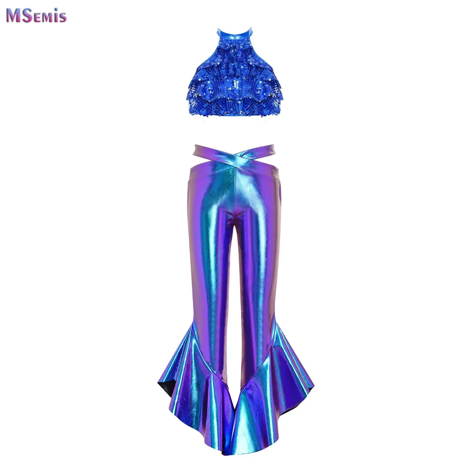 

Girls Sequins Hip Hop Costume Crop Top Vest with Shiny Flared Pants for Kids Jazz Clothes Street Dance Stage Sets Performance