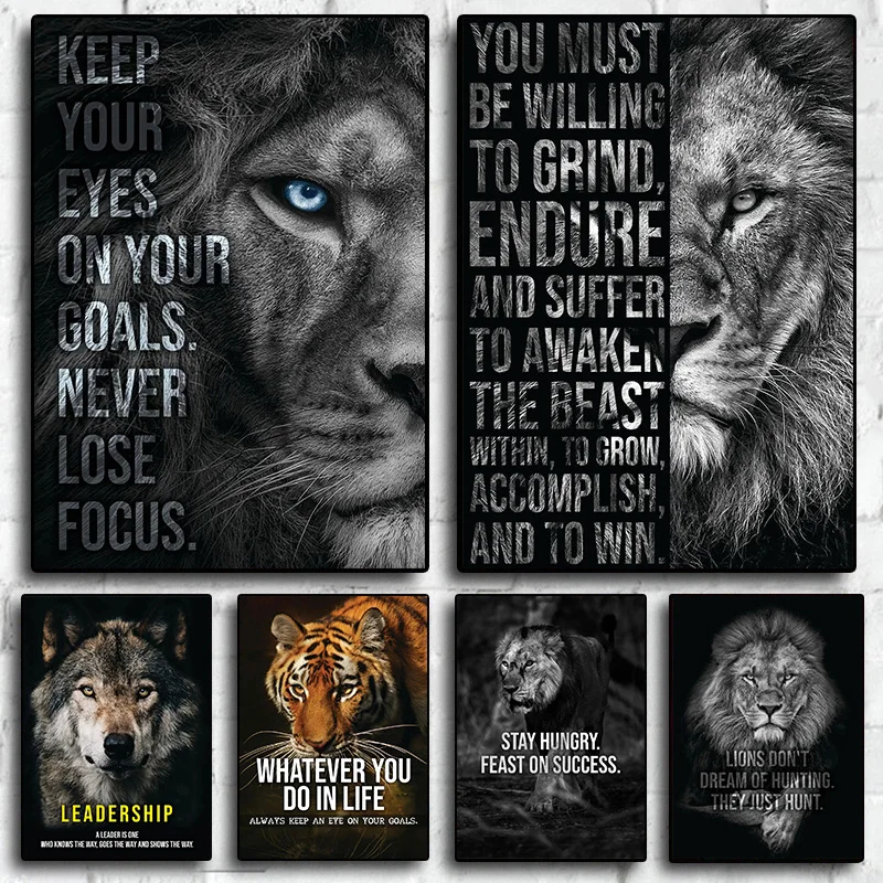 1pc frameless Canvas Painting Mindset Is Everything Lion Eagle Wolf Cat Tiger HD Pictures Poster Inspirational Quotes Canvas Pai