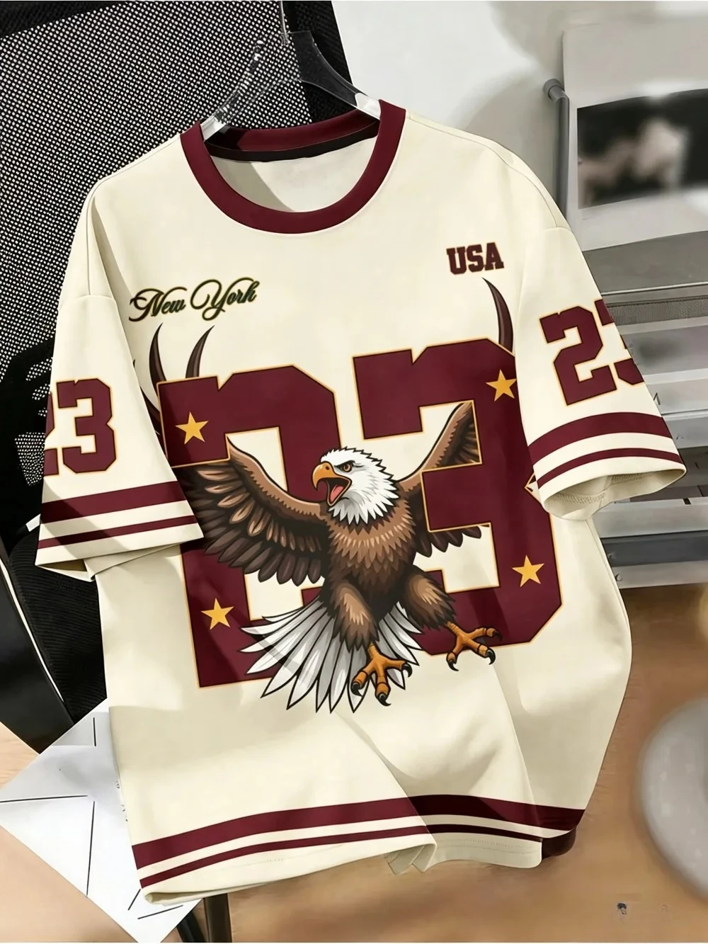 USA Letter 23 Graphic Vintage Eagle 3D Print Quick-dry Sports Men Women Vneck Loose Tshirt Fashionable Street Y2K Parental Cloth