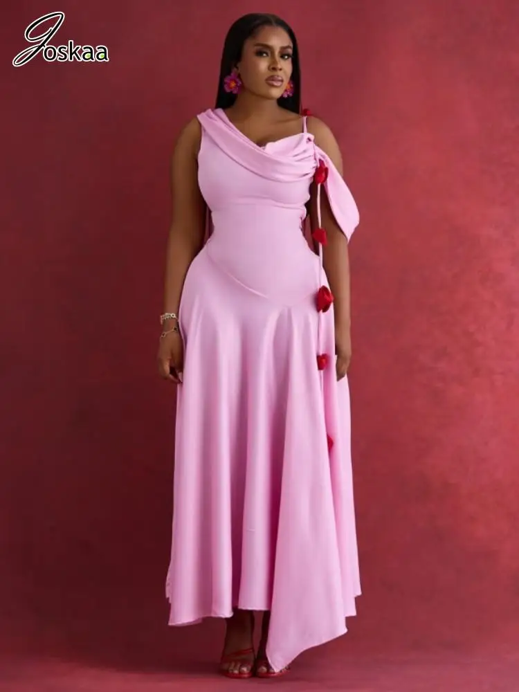 

Joskaa 2025 Summer Women's Elegant Floral Applique Off Shoulder Sleeveless Irregular A-Line Maxi Dress Party Evening Clubwear
