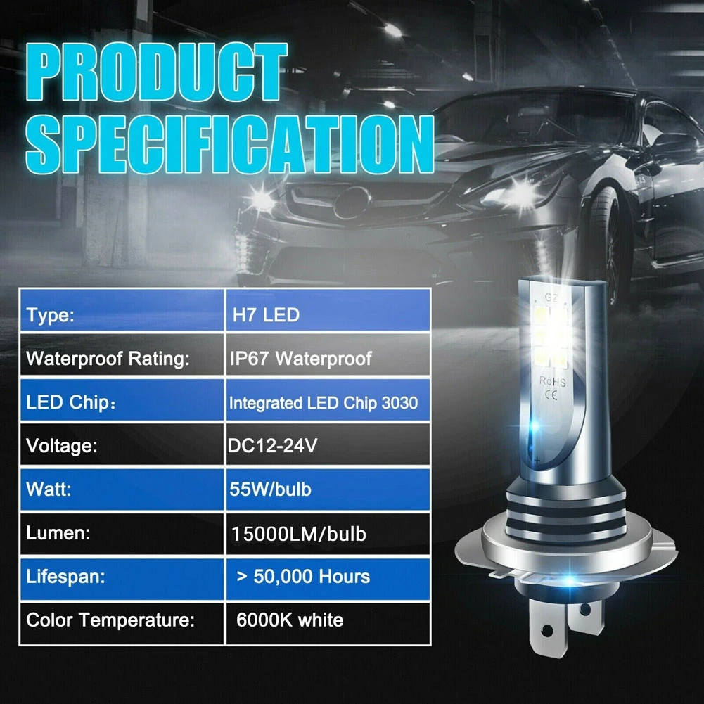 H7 LED Headlight Bulb 12V 24V Automobile Fog Lamp Super Bright High Low Beam Driving Light DRL 30000LM 6000K White Auto Lighting