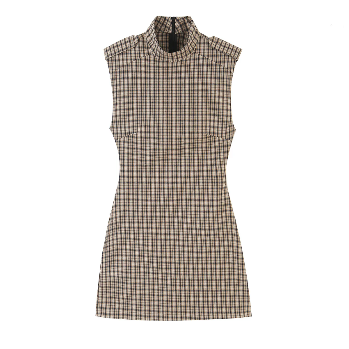 TFMLN Modische Damen-Kurzanzüge mit Karomuster, Vintage-Stehkragen, Elegante Ärmellose Rückenreißverschluss-Slim-Fit-Freizeitanzüge Neu – Detail 2