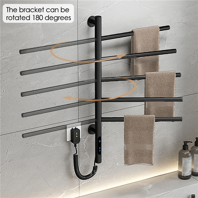 Smart Electric Heated Towel Rack 180°Rotating Bathroom Wall Mounted Drying Rack 45-70℃ Temp Adjustable 1-8h Timing Touch Control