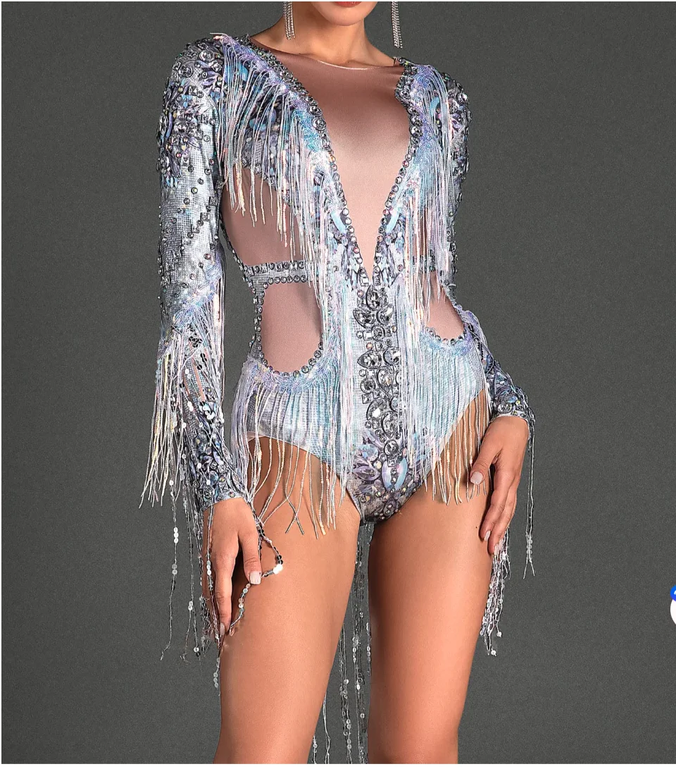 

Fashion Rhinestone Fringes Dancer Bodysuits Women Las Vegas Show Performance Jumpsuit Ladies Festival Outfit Night Club Rompers
