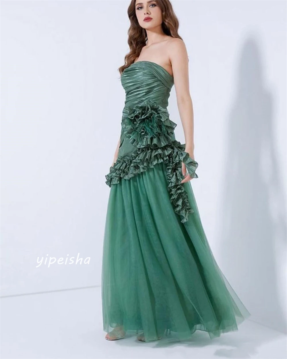 Robe Trapèze en Tulle à Fleurs pour Occasions, Tenue Longue, Drapée, Plissée, Froncée, Sans Bretelles, sur Mesure