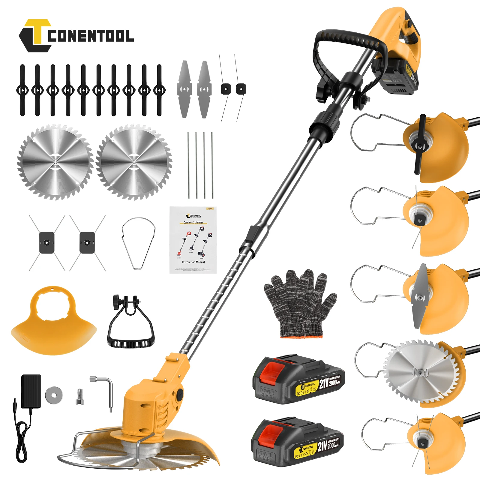 CONENTOOL Draadloze grastrimmer 21V 650W 8500RPM Elektrische grasmaaier 6 inch opvouwbaar telescopisch met 5 soorten messen