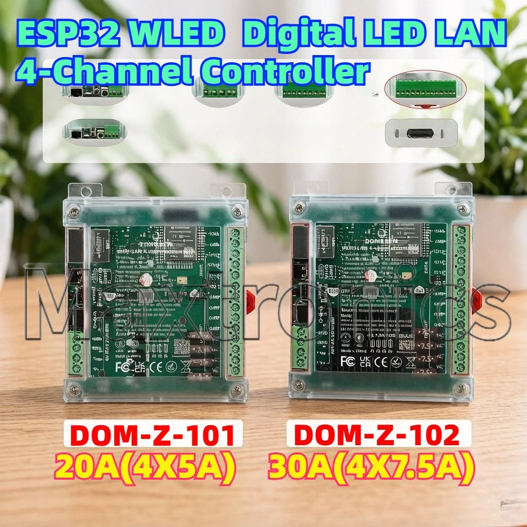 

20A/30A 2026 NEW ESP32 Ethernet WLED Controller 4CH DIN Rail Mount Independent Fuses DIY WiFi Music Sync for RGB Strip WS2811/12