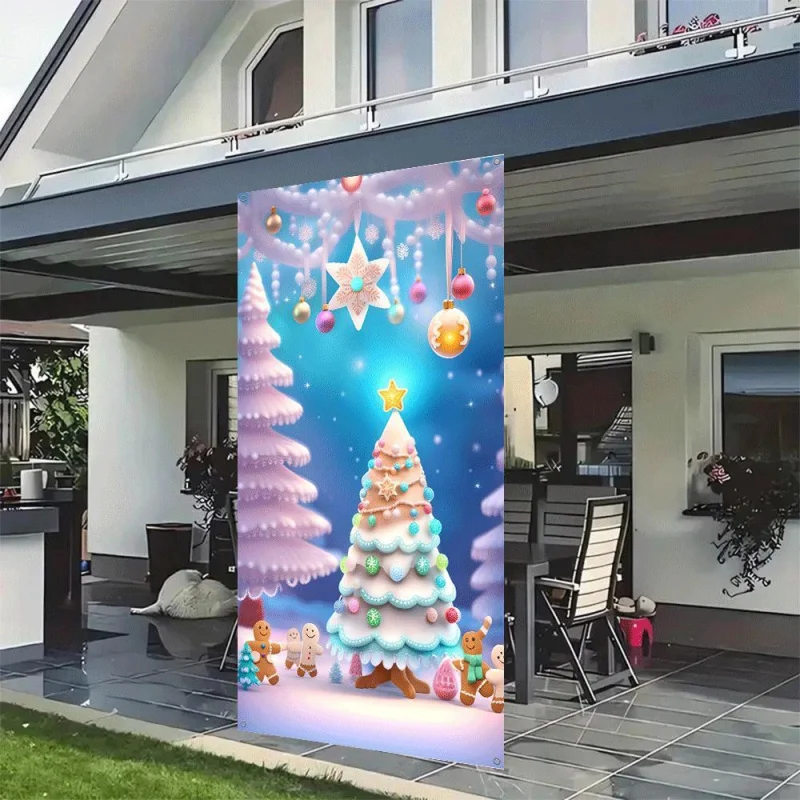 1pc 2D flat door frame Christmas banner curtain, New Year Christmas room party decoration, no power required - zs