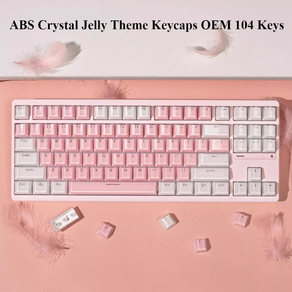 Crystal Jelly Theme, Keyboard Keycap Set ABS OEM 104 Keys, White Powder, Keycaps for 21/61/87/104/108 Mechanical Keyboards