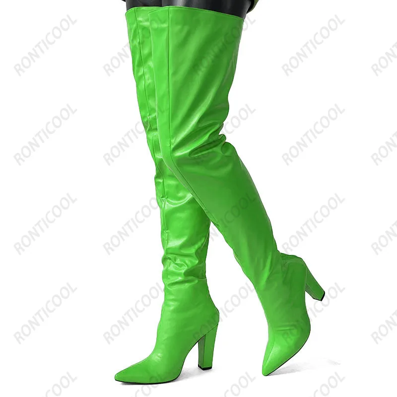 Ronticool Handmade Women Winter Thigh Boots Faux Leather Chunky Heels Pointed Toe Orange Club Shoes Us Plus Size 5-15 image 3