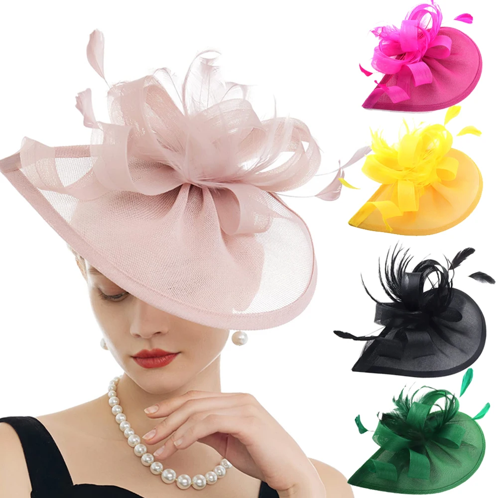 Neue Charmante Fascinator Feder Hochzeit Tropfen Mesh Hut Blume Braut Cocktail Tee Party Kopfbedeckung Frauen Hut Stirnband Haar Zubehör – Detail 1