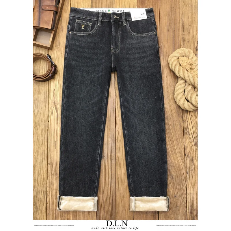 2025 NEW Winter fleece thickened jeans for men's warm clothing trend, high-end stretch denim slim fit small leg pants
