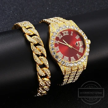 男性用ステンレススチールブレスレット,ゴールドカラー,カレンダー,アイス,舗装ラインストーン,ヒップホップ,1個,2個