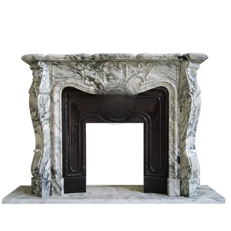 Marble white fireplace European carved fireplace decoration French villa living room heating light luxury ornament customization