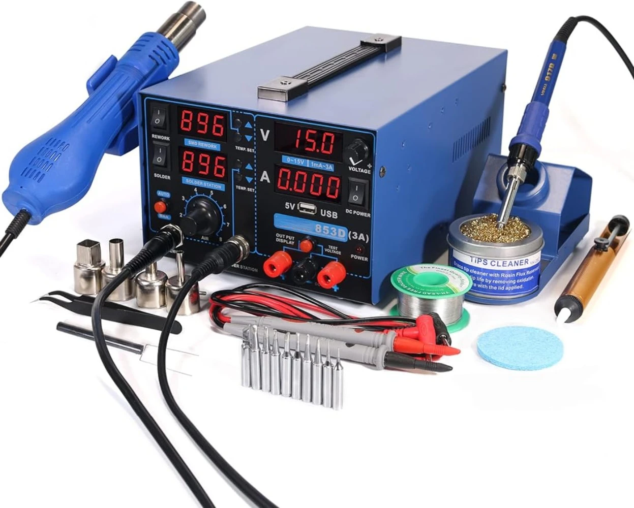 3A-Three ToolsSoldering Station Hot Air Rework Station and Power Supply 0~3A 0-15V with output and test modes Also ºC/°F display