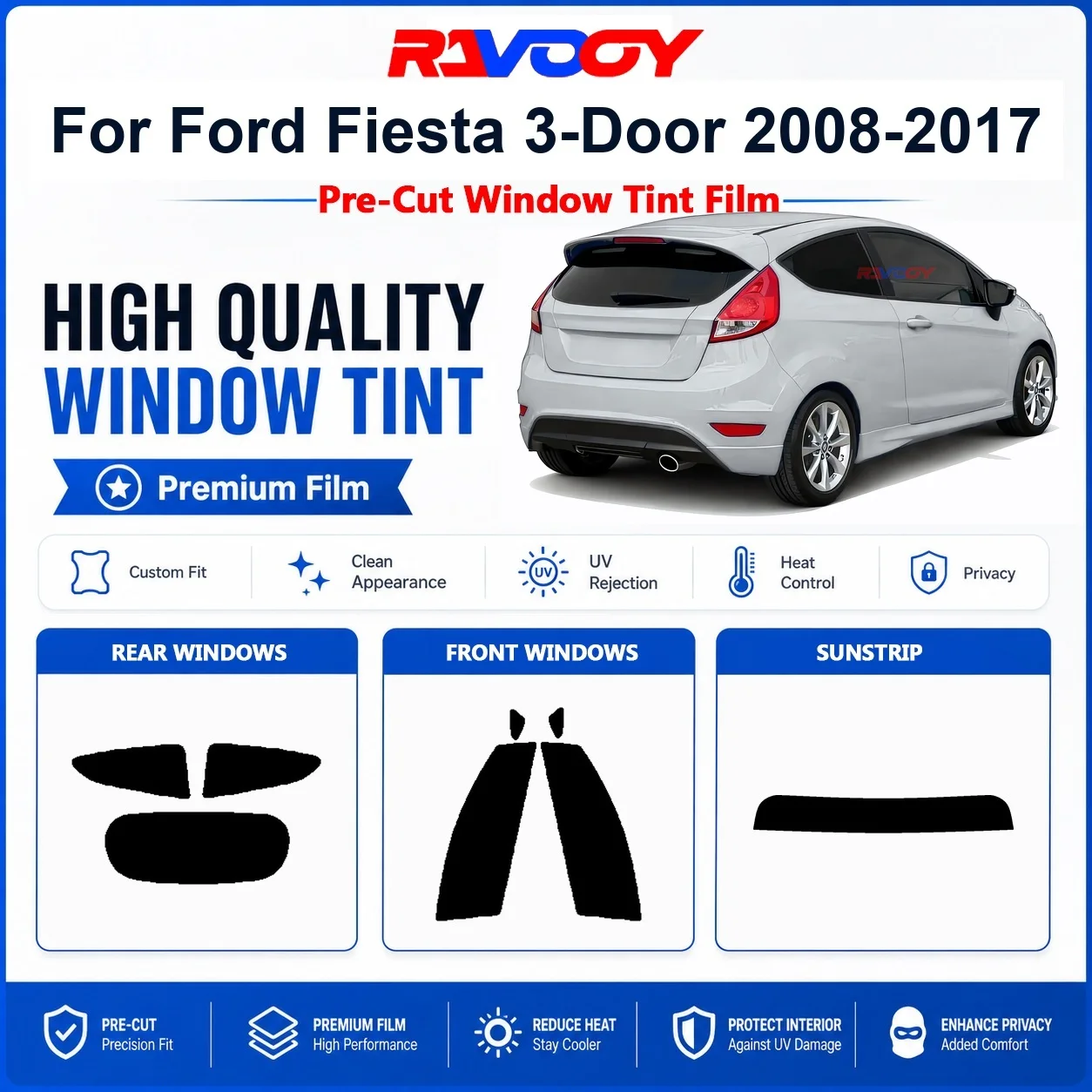 Pellicola oscurante pre-tagliata premium per finestrini Ford Fiesta 3 porte 2008-2017, vetri anteriori e posteriori, protezione UV, isolamento termico e privacy
