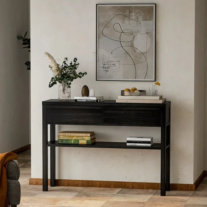 

All solid wood entrance table Internet celebrity creative wall desk living room home retro entrance table small apartment black