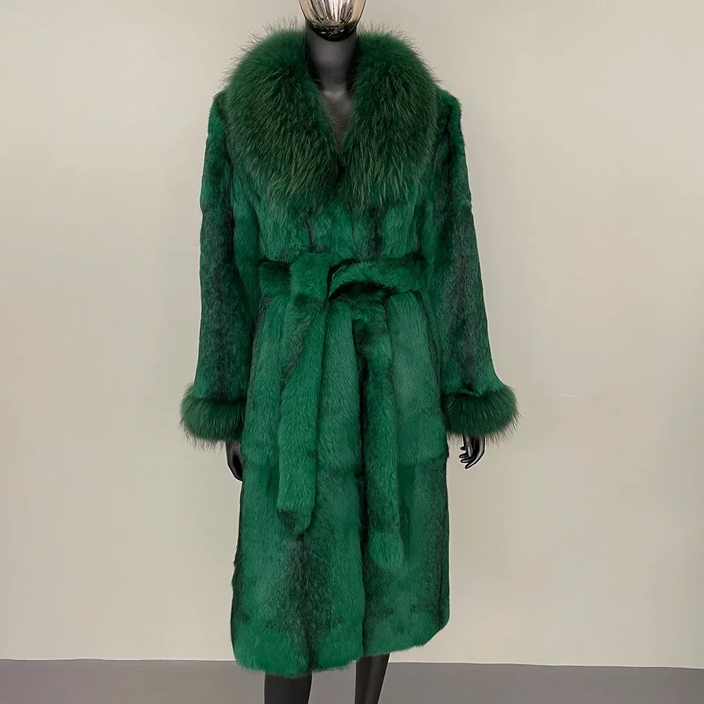 

2025 женская новая шуба из кроличьего меха, цельная длинная стильная модная теплая женская новая осенне-зимняя утолщенная шуба с воротником из натурального лисьего меха