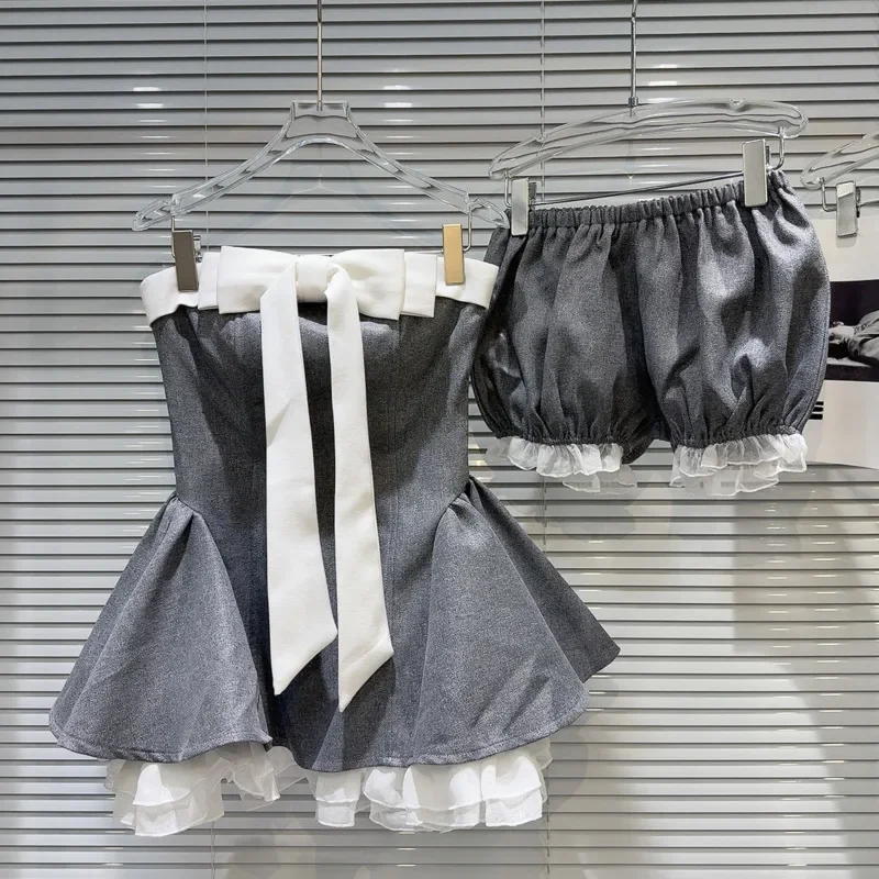 

2025 Summer Sleeveless Strapless Bow Short Dress Fluffy Shorts Two Piece Set Women Outfits