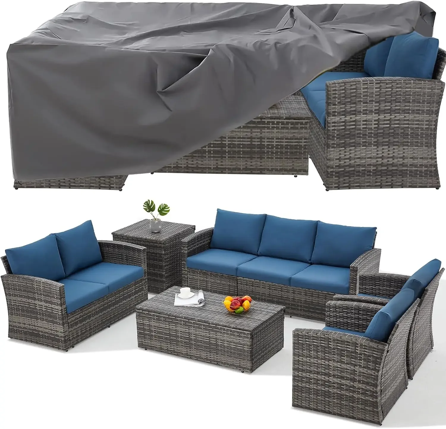 7 Pieces Patio Furniture Set with Two Storage Boxes & Patio Set Cover, Outdoor Rattan Conversation Set，All-Weather PE Wick