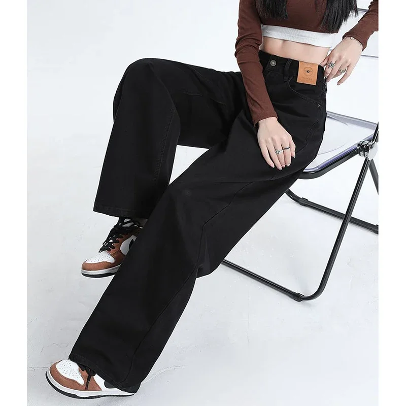 Pantalones vaqueros ajustados de cintura alta para mujer, pantalones vaqueros de pierna recta negros para niñas, pantalones vaqueros holgados coreanos clásicos para mujer