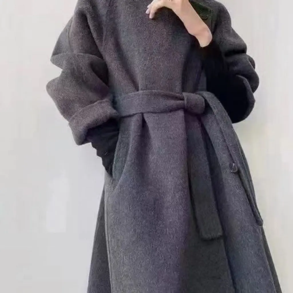 

Women's High-End Red Woolen Coat Stand Collar Korean Style Loose Fit Diagonal Placket Autumn Winter Fashion Outerwear
