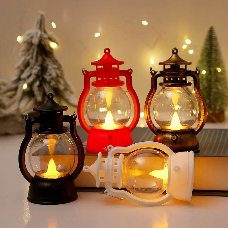 Vintage Oil Night Lamp Christmas LED Night Lights Retro Small Oil Hanging Lanterns Included Battery Portable Festive Party Decor