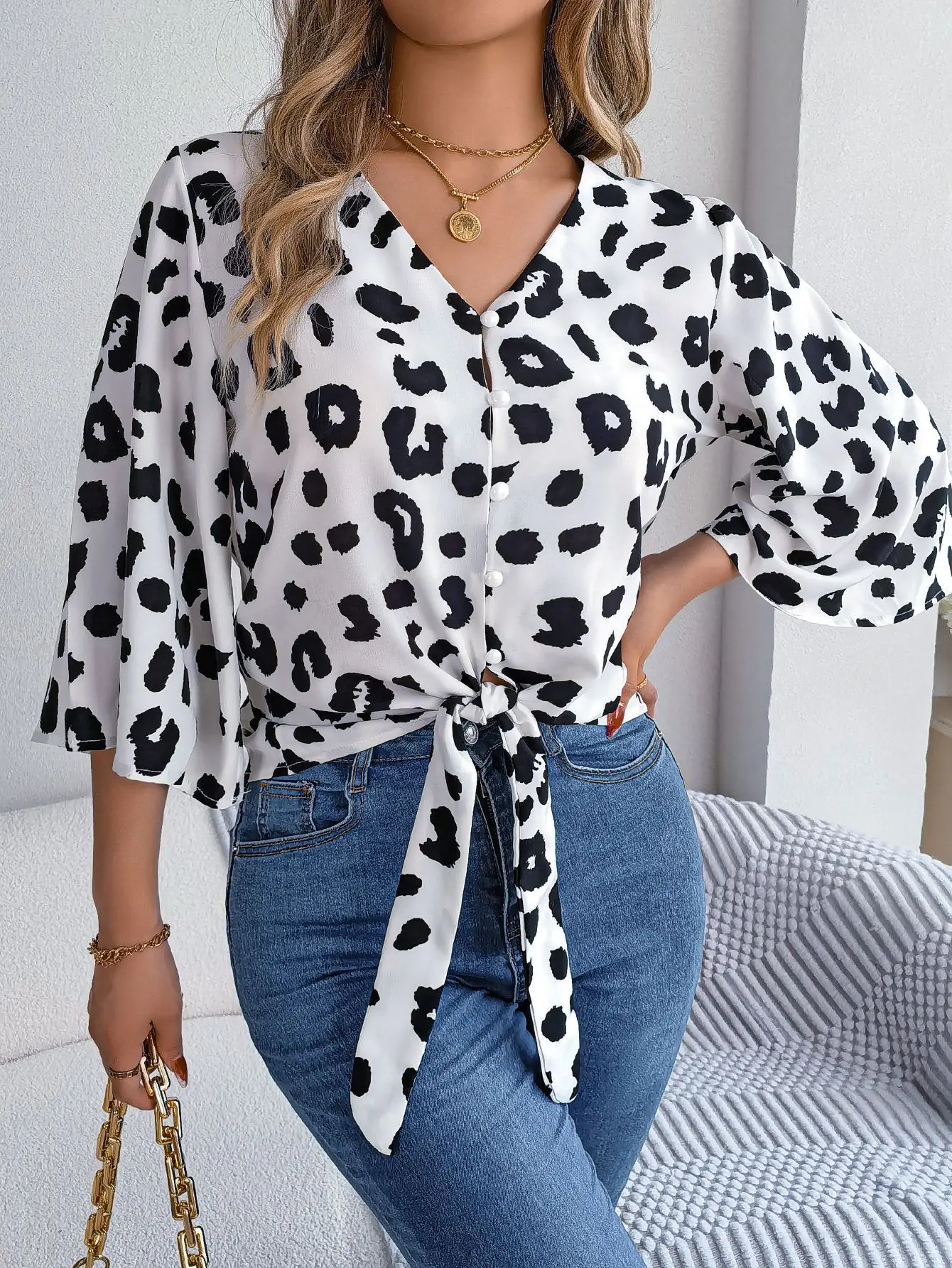 Spring Summer Casual Leopard Print Middle Sleeve Tie Bow Top Women Button Shirt