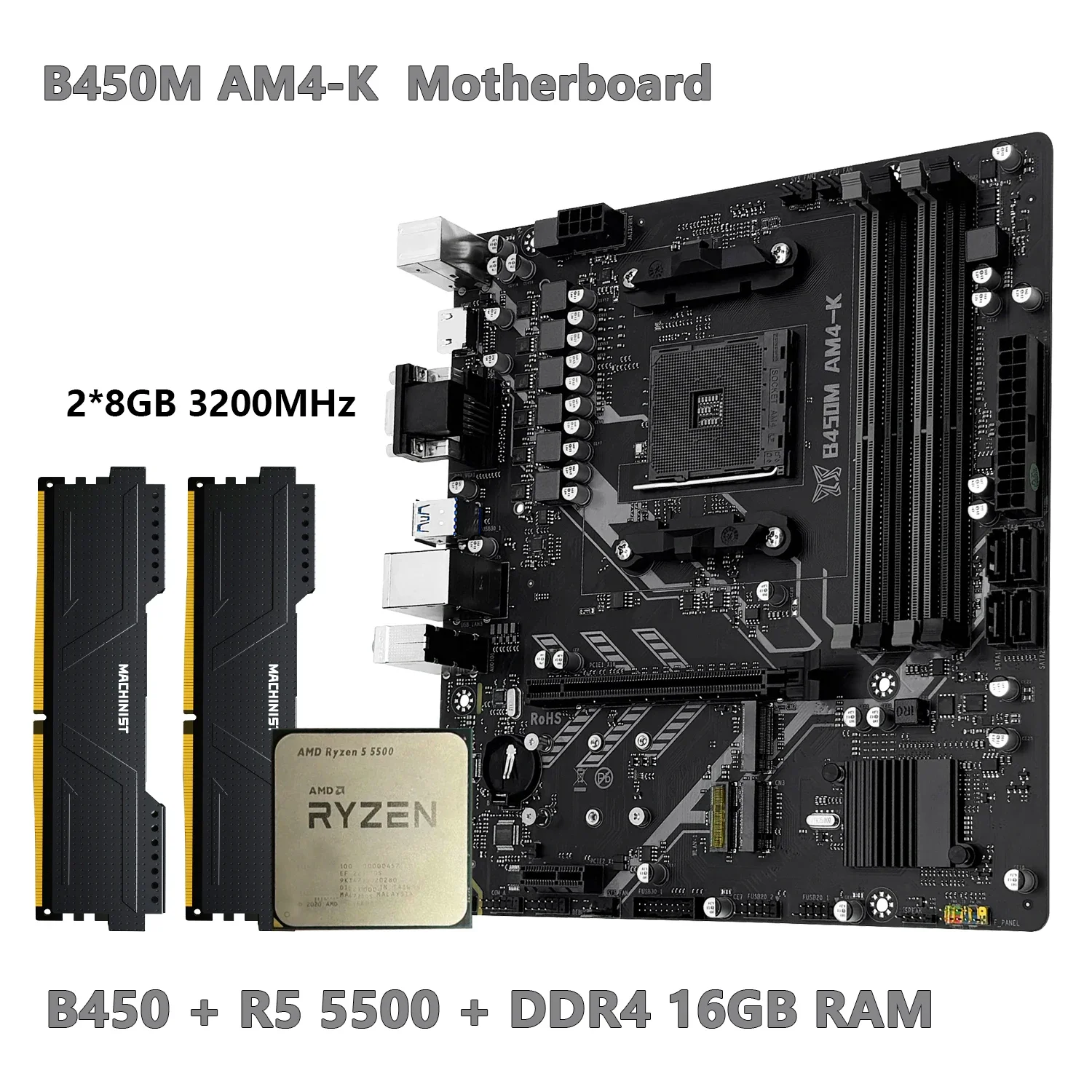 MACHINIST b450 B450M Motherboard Kit Set AMD Ryzen R5 5500 + DDR4 16GB 3200MHz RAM (2*8GBMemory) NVME M.2