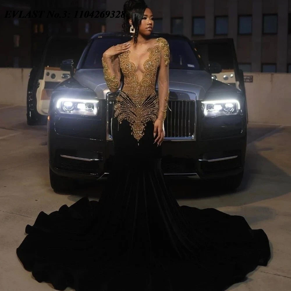 

EVLAST индивидуальное черное платье русалки с блестками Aso Ebi для выпускного вечера, бархатное вечернее платье с кристаллами и бисером, Robe De Soirée E3P466