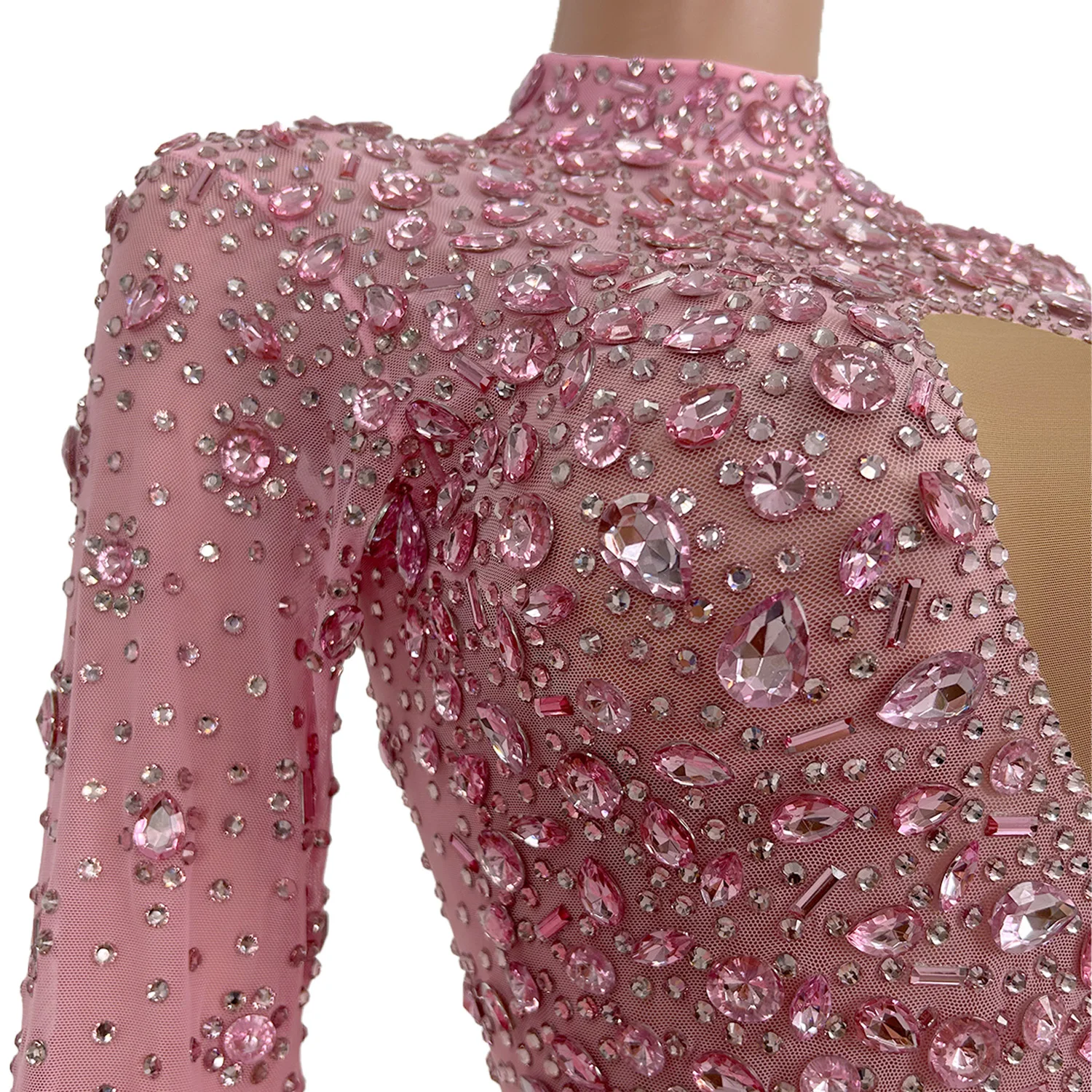 Sexy Rosa Diamanten Mesh Overall Frauen Kostüm Bodycon Club Party Body Durchsichtig Strass Tanz Bühne Tragen Cuican