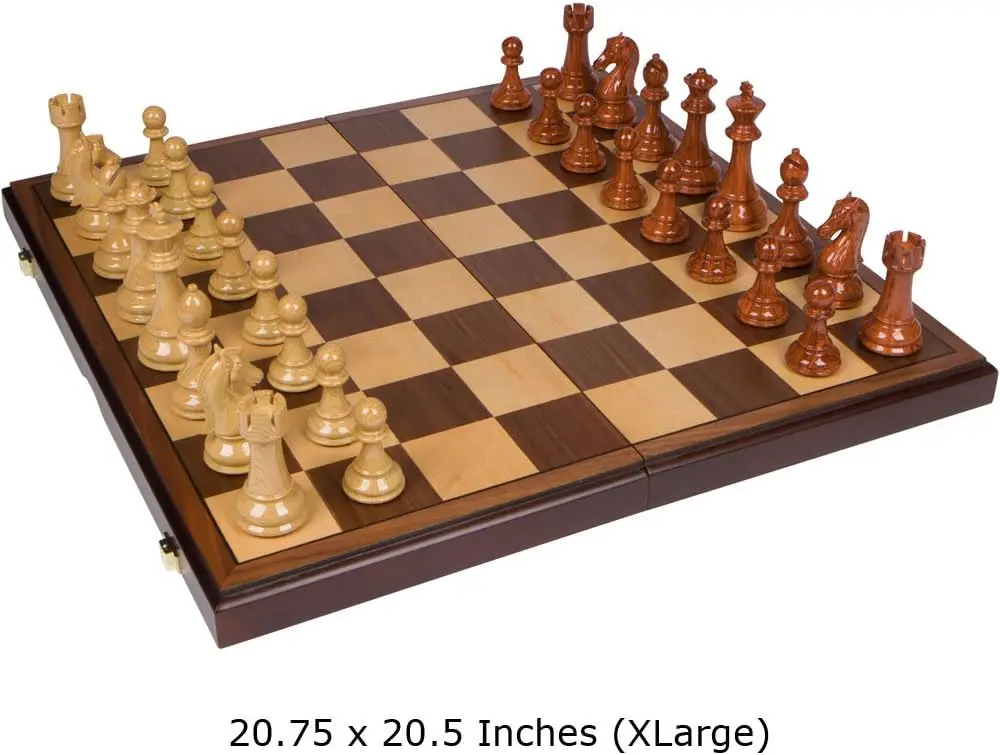 Chess Inlaid Wood Folding Board Game with Pieces, Extra Large 21 Inch Set