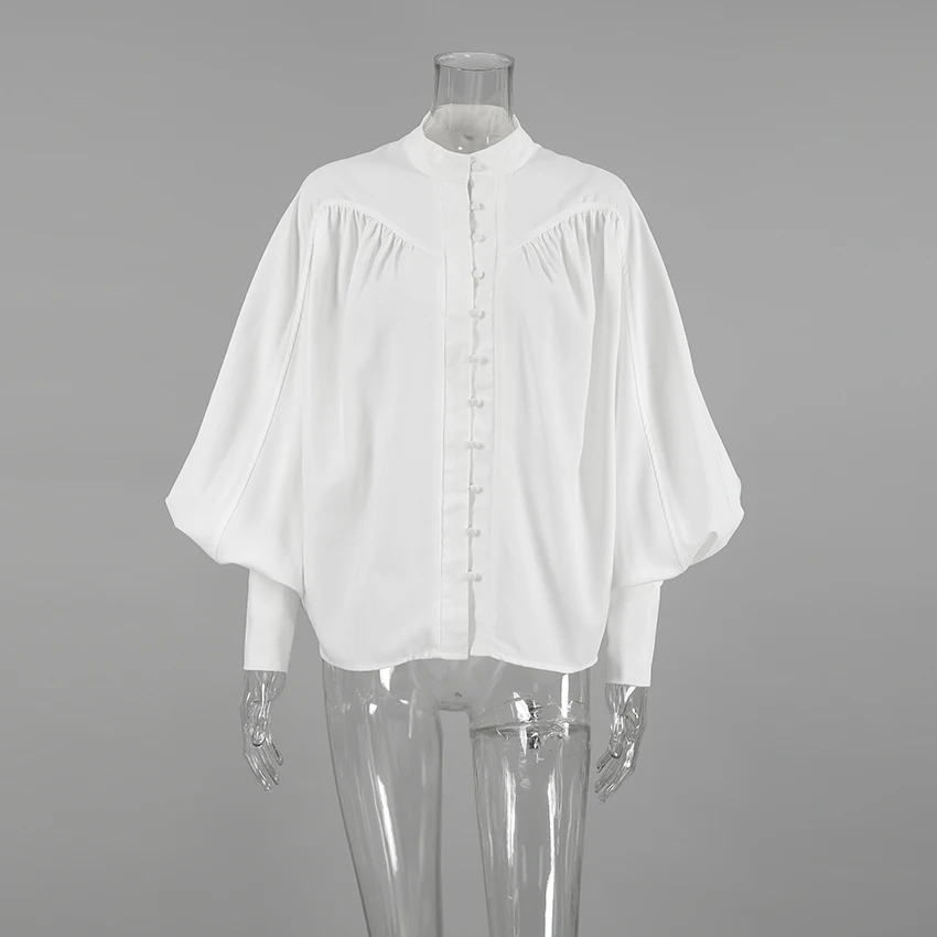 Linad élégant lanterne manches chemises blanches femme bureau simple boutonnage femme Blouse décontracté solide col montant haut pour femme 2025