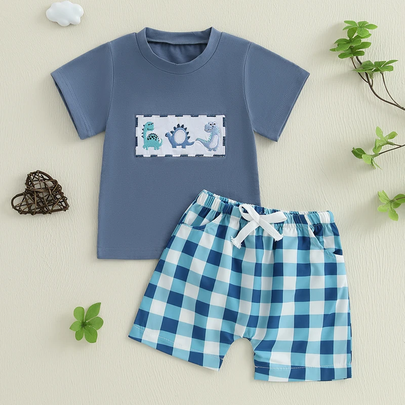 0-4Y Cute Summer Baby Boys Clothes Dinosaur Short Sleeve Tee Shirts Tops Checkered Shorts Sets Children Clothing