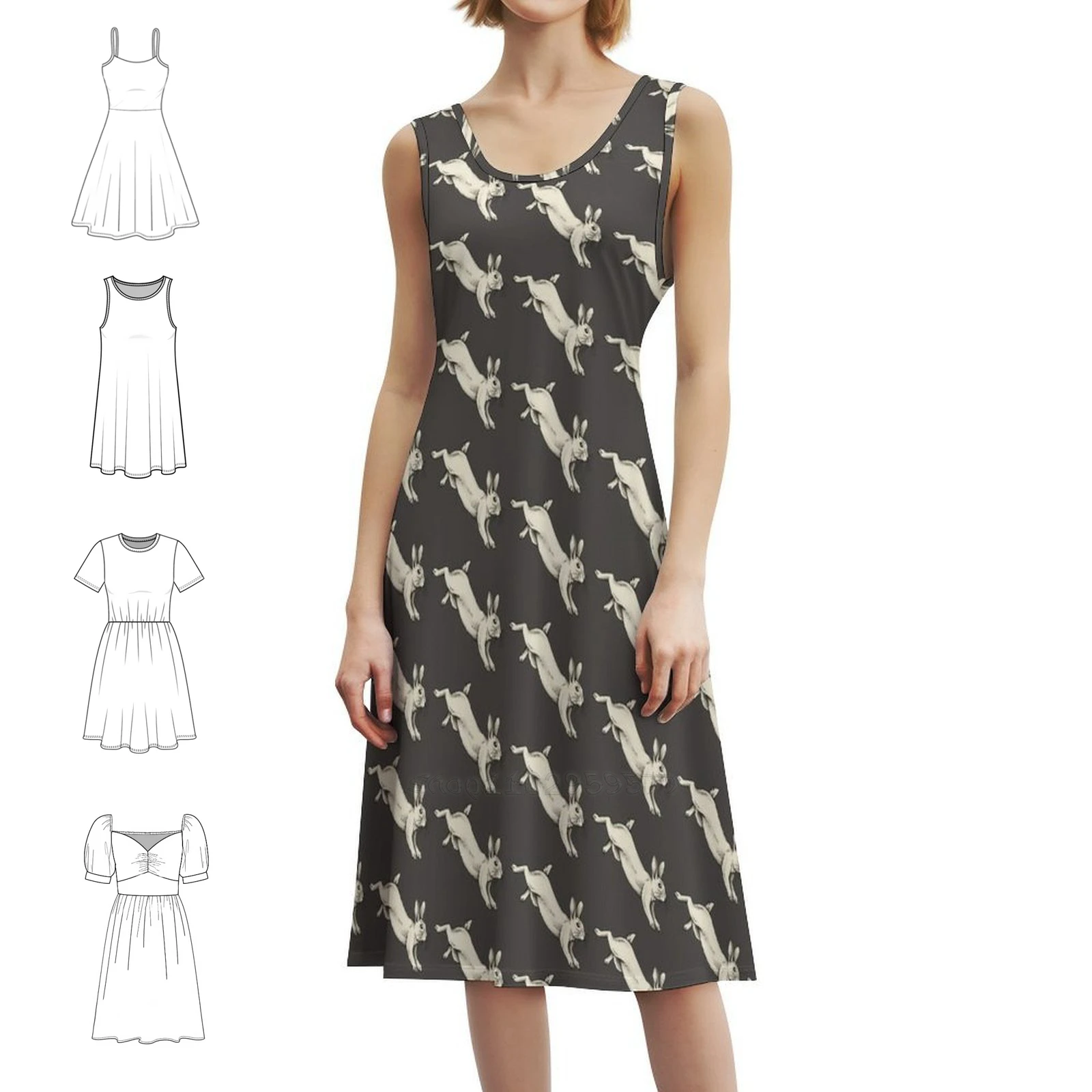 Cute Wite Bunny White Rabbit Witchy Sticker Forestcore Korean Style Dress For Women Elegant Casual Dress For Party Or Daily