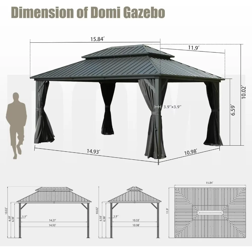 12’ X 16’ Hardtop Gazebo Canopy, with Galvanized Steel Double Roof for Patio Lawn and Garden, Outdoor Aluminum Gazebo